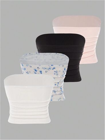 OYOANGLE Girl's 4 Pack Ruched Tube Top Floral Strapless Slim Fitted Shirt Ribbed Knit Bandeau Tops in Kuwait