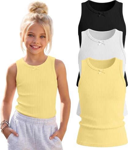 Halfchet 3 Pack Girl's Ribbed Tank Tops Crew Neck Fitted Sleeveless Shirts Casual Cute Athletic Dance Undershirts 5-14 Years in Kuwait