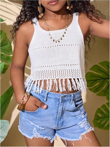 RoseSeek Girl's Boho Tassel Hollow Out Tank Top Crochet Knit Crop Tops Square Neck Sleeveless Top in Kuwait