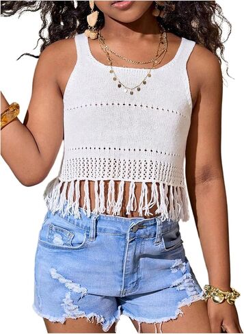 RoseSeek Girl's Boho Tassel Hollow Out Tank Top Crochet Knit Crop Tops Square Neck Sleeveless Top in Kuwait