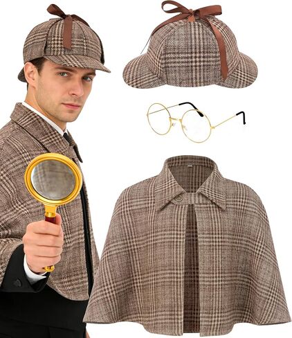 Adults Detective Costume Mens Womens Victorian Outfit with Inverness Cape Deerstalker Hat for Halloween Cosplay in Saudi Arabia