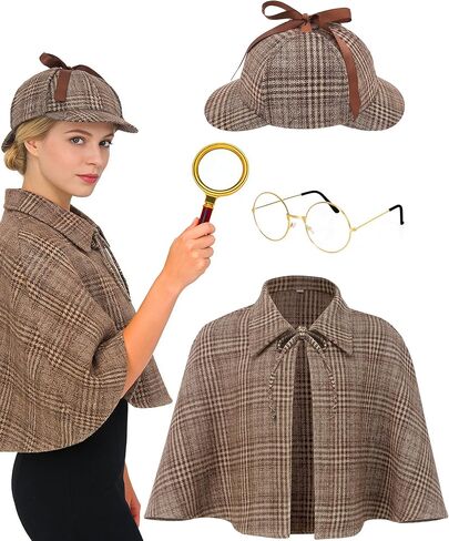 Adults Detective Costume Mens Womens Victorian Outfit with Inverness Cape Deerstalker Hat for Halloween Cosplay in Saudi Arabia