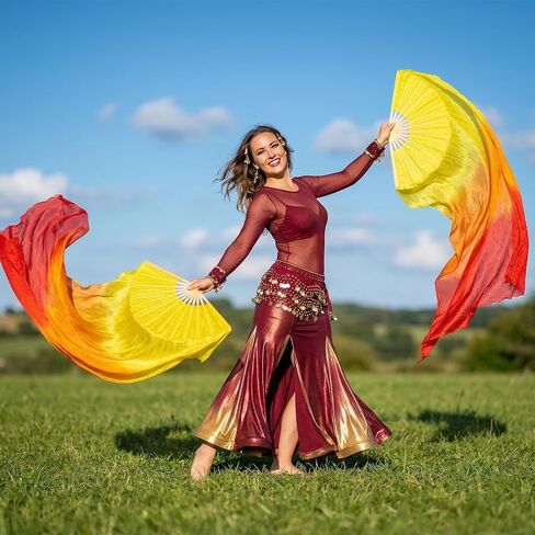 Women Faux Silk Belly Dance Fan Veil Set of 4 Pieces (2 Pairs), Handmade with Faux Silk & Basswood, Long Dance Fans for Performances, Stage Shows, Photography - Gradient Color Design in Kuwait