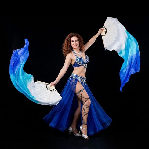 Women Faux Silk Belly Dance Fan Veil Set of 4 Pieces (2 Pairs), Handmade with Faux Silk & Basswood, Long Dance Fans for Performances, Stage Shows, Photography - Gradient Color Design in Kuwait