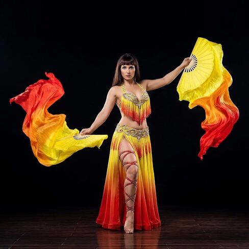 Women Faux Silk Belly Dance Fan Veil Set of 4 Pieces (2 Pairs), Handmade with Faux Silk & Basswood, Long Dance Fans for Performances, Stage Shows, Photography - Gradient Color Design in Kuwait
