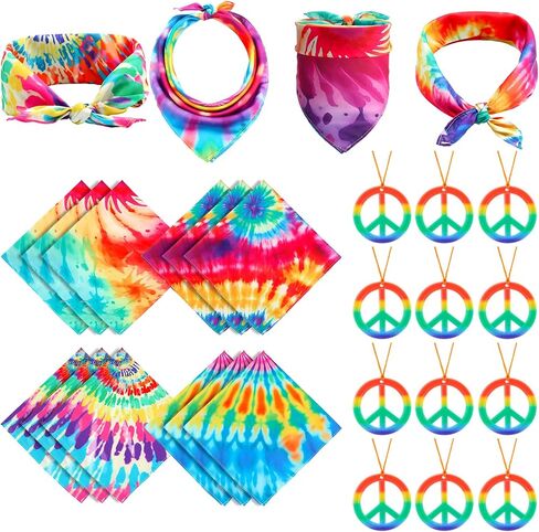 Unittype 12 Pcs Tie Dye Bandanas & 12 Pcs Peace Sign Pendant Necklaces Psychedelic Hippie Bandanas Scarves Peace Symbol Necklace Retro Hippie Style for 70's Accessories Women Men Jewelry Party Costume in Kuwait