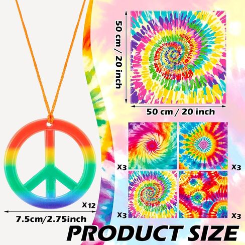 Unittype 12 Pcs Tie Dye Bandanas & 12 Pcs Peace Sign Pendant Necklaces Psychedelic Hippie Bandanas Scarves Peace Symbol Necklace Retro Hippie Style for 70's Accessories Women Men Jewelry Party Costume in Kuwait