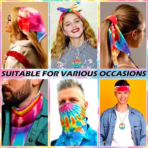 Unittype 12 Pcs Tie Dye Bandanas & 12 Pcs Peace Sign Pendant Necklaces Psychedelic Hippie Bandanas Scarves Peace Symbol Necklace Retro Hippie Style for 70's Accessories Women Men Jewelry Party Costume in Kuwait