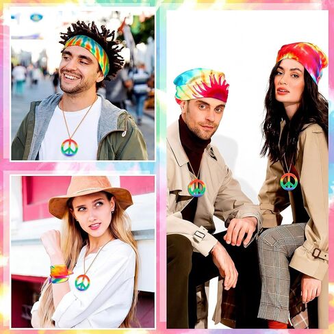 Unittype 12 Pcs Tie Dye Bandanas & 12 Pcs Peace Sign Pendant Necklaces Psychedelic Hippie Bandanas Scarves Peace Symbol Necklace Retro Hippie Style for 70's Accessories Women Men Jewelry Party Costume in Kuwait