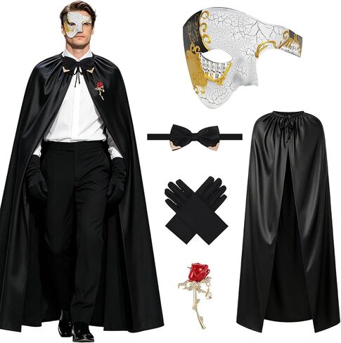 5Pcs The Opera Costume Accessories Set Men's Masquerade Costume Set with Half Face Venetian Mask, Long Cape, Gloves, Bow Tie and Red Rose Brooch for Halloween Carnivals Masquerade Party Cosplay in Saudi Arabia
