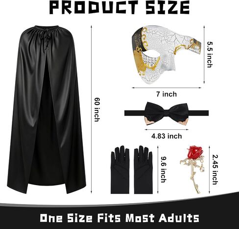 5Pcs The Opera Costume Accessories Set Men's Masquerade Costume Set with Half Face Venetian Mask, Long Cape, Gloves, Bow Tie and Red Rose Brooch for Halloween Carnivals Masquerade Party Cosplay in Saudi Arabia