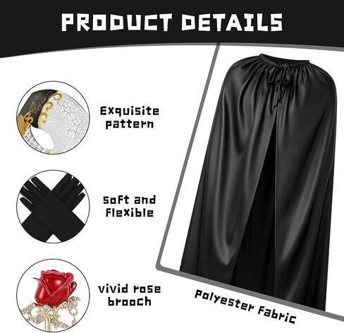 5Pcs The Opera Costume Accessories Set Men's Masquerade Costume Set with Half Face Venetian Mask, Long Cape, Gloves, Bow Tie and Red Rose Brooch for Halloween Carnivals Masquerade Party Cosplay in Saudi Arabia