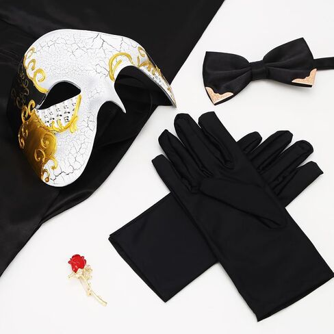 5Pcs The Opera Costume Accessories Set Men's Masquerade Costume Set with Half Face Venetian Mask, Long Cape, Gloves, Bow Tie and Red Rose Brooch for Halloween Carnivals Masquerade Party Cosplay in Saudi Arabia