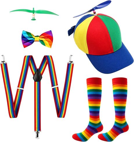 Rainbow Propeller Hat, 5PCS Colorful Propeller Hat Baseball Cap for Adult with Adjustable Fit, Costume Party Accessories and Festival Wear, Rainbow Clown Hat Socks Bow Tie Suspenders in Saudi Arabia