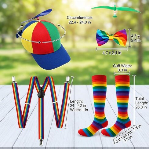 Rainbow Propeller Hat, 5PCS Colorful Propeller Hat Baseball Cap for Adult with Adjustable Fit, Costume Party Accessories and Festival Wear, Rainbow Clown Hat Socks Bow Tie Suspenders in Saudi Arabia