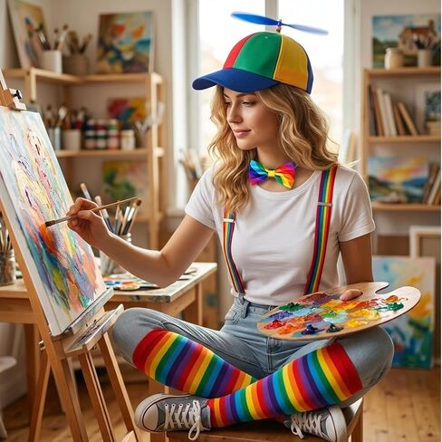Rainbow Propeller Hat, 5PCS Colorful Propeller Hat Baseball Cap for Adult with Adjustable Fit, Costume Party Accessories and Festival Wear, Rainbow Clown Hat Socks Bow Tie Suspenders in Saudi Arabia