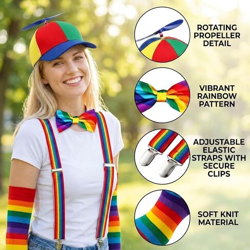 Rainbow Propeller Hat, 5PCS Colorful Propeller Hat Baseball Cap for Adult with Adjustable Fit, Costume Party Accessories and Festival Wear, Rainbow Clown Hat Socks Bow Tie Suspenders in Saudi Arabia