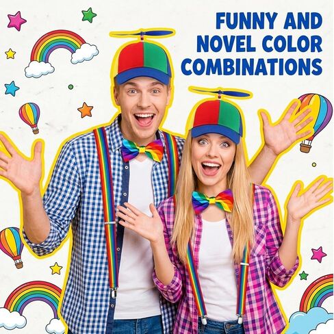 Rainbow Propeller Hat, 5PCS Colorful Propeller Hat Baseball Cap for Adult with Adjustable Fit, Costume Party Accessories and Festival Wear, Rainbow Clown Hat Socks Bow Tie Suspenders in Saudi Arabia