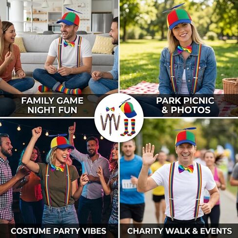 Rainbow Propeller Hat, 5PCS Colorful Propeller Hat Baseball Cap for Adult with Adjustable Fit, Costume Party Accessories and Festival Wear, Rainbow Clown Hat Socks Bow Tie Suspenders in Saudi Arabia