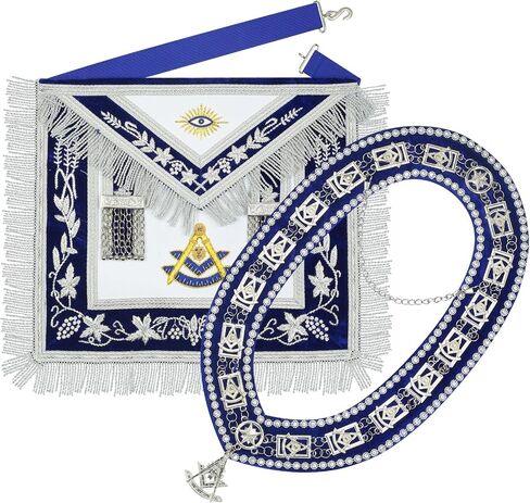Masonic Past Master Regalia Set Silver Hand-Embroidered Navy Blue Velvet Apron & Chain Collar with Jewel | Freemason Blue Lodge Ceremonial Regalia for Men in Saudi Arabia