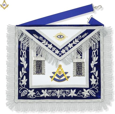 Masonic Past Master Regalia Set Silver Hand-Embroidered Navy Blue Velvet Apron & Chain Collar with Jewel | Freemason Blue Lodge Ceremonial Regalia for Men in Saudi Arabia
