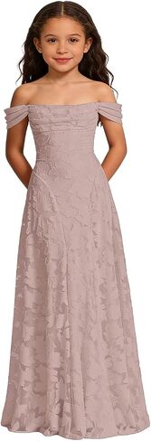 Off The Shoulder Junior Bridesmaid Dresses for Wedding Floral Chiffon Cowl Neck Long Flower Girl Dress ZE10 in Kuwait