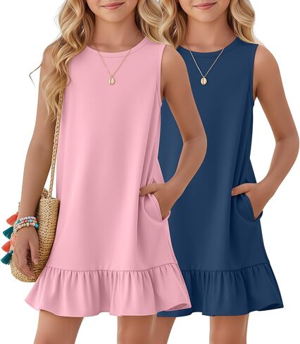 Halfchet 2 Pack Girls Dresses Sleeveless Summer Ruffle Hem Crewneck Sundresses Casual Loose Kids Teen Tank Dress with Pockets in Kuwait