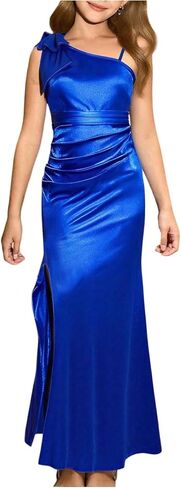 SHENHE Girl's Satin One Shoulder Junior Bridesmaid Dress Prom Wedding Maxi Slit Flower Girl Dress in Kuwait