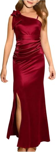 SHENHE Girl's Satin One Shoulder Junior Bridesmaid Dress Prom Wedding Maxi Slit Flower Girl Dress in Kuwait