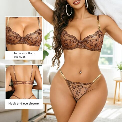 Women’s Lingerie Set Mesh Lace Underwired Bra and Matchting Thong Panty with Metal Chain Underwear in Saudi Arabia