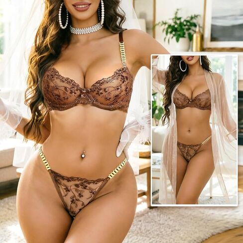 Women’s Lingerie Set Mesh Lace Underwired Bra and Matchting Thong Panty with Metal Chain Underwear in Saudi Arabia