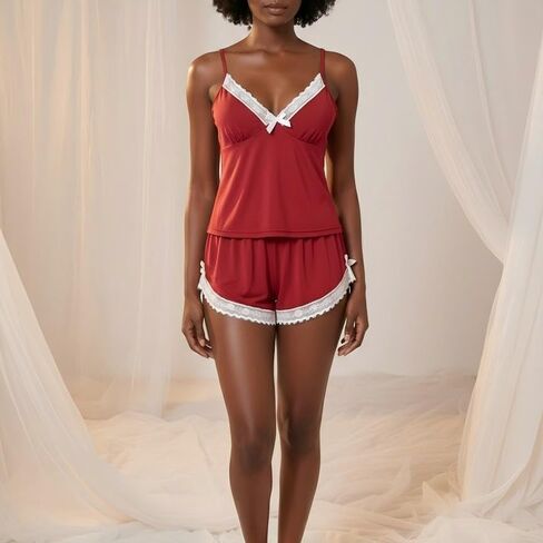 Red Lace Trim Spaghetti Strap Sleepwear Set with Shorts, Bow Detail, Soft Cotton Blend Women's Lingerie in Kuwait