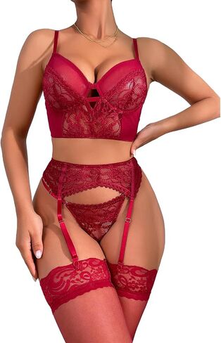 Teddy Lingerie for Women 4 Piece Sexy Lace Lingerie Sets with Waist Garter Embroidered Lace Flower Bra and G-String in Kuwait