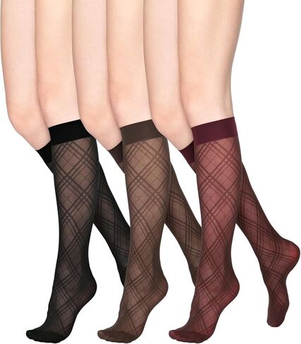 LABELLA 3 Pairs Knee High Stockings For Women, Non Slip Diamond Pattern, Semi Sheer Ultra Comfortable, S/M/L in Saudi Arabia