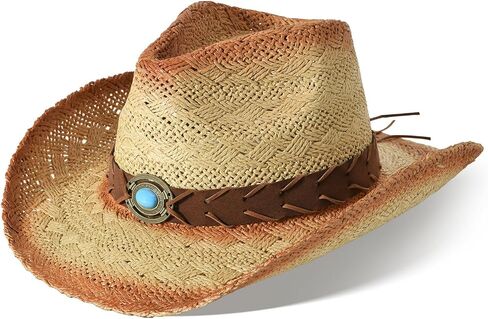 Cowboy Hats for Women & Men Straw Cowboy Hat Wide Brim Western Cowgirl Hats Summer Sun Hat in Kuwait