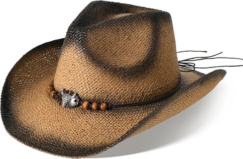 Cowboy Hats for Women & Men Straw Cowboy Hat Wide Brim Western Cowgirl Hats Summer Sun Hat in Kuwait
