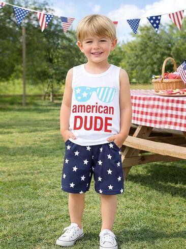 Toddler Boys 2 Piece Outfit, American Dude Sunglasses Print Sleeveless Tank Top & Star Elastic Waist Shorts for Kids 12M‑6Y in Kuwait