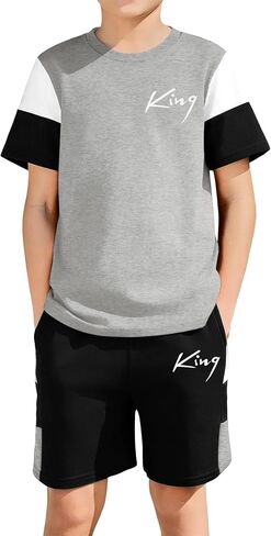GEMLON Boys Summer Outfits Color Block T Shirts Cotton Shorts Sets Short Sleeve Clothing Set Boys Clothes Size 4-12Y in Saudi Arabia