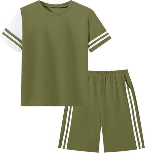 Boys Clothes Casual 2-Piece Waffle Knit Outfit - Short Sleeve Tee & Shorts for Kids 6-16 Years Old in Saudi Arabia