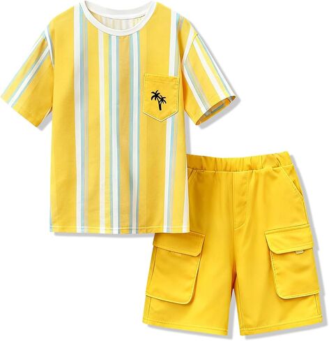 Axumity Tween Boys 6-12 Years Outfit Sets - Short Sleeve Striped Top & Shorts Casual Trendy Clothes Set in Saudi Arabia