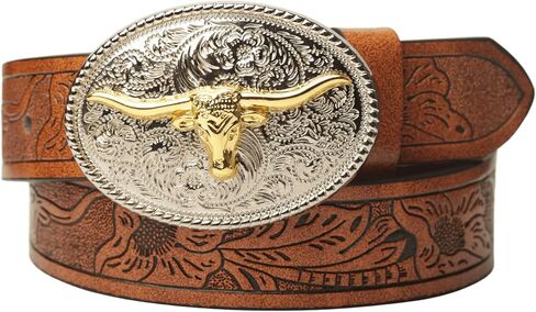 Kids Western Cowboy Belt for Boys Girls - Toddler Cowgirl Embossed Leather Belt with Longhorn Bull Buckle in Saudi Arabia