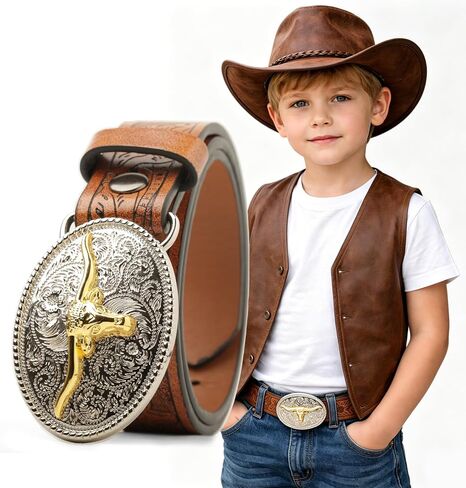 Kids Western Cowboy Belt for Boys Girls - Toddler Cowgirl Embossed Leather Belt with Longhorn Bull Buckle in Saudi Arabia