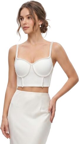 White Pearl Beaded Bustier Crop Top For Women with Spaghetti Straps in Saudi Arabia