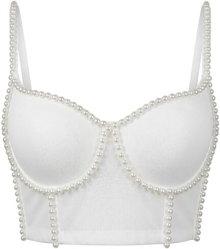 White Pearl Beaded Bustier Crop Top For Women with Spaghetti Straps in Saudi Arabia