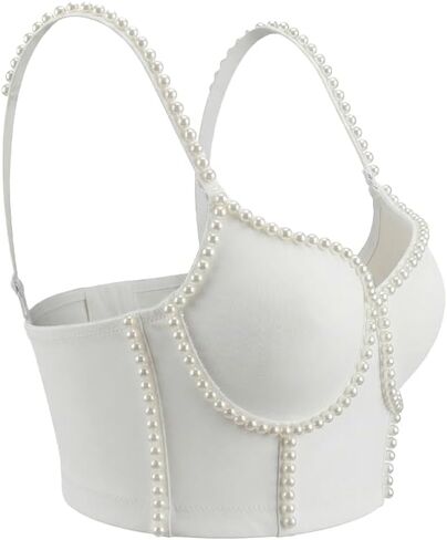 White Pearl Beaded Bustier Crop Top For Women with Spaghetti Straps in Saudi Arabia
