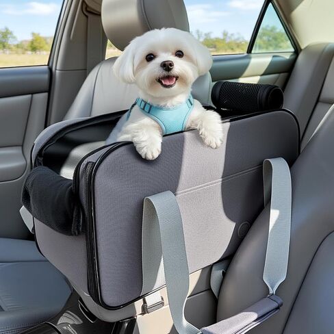 PETSFIT Multipurpose Center Console Dog Car Seat, Airline Approved Dog Car Carrier with Safety Tether and Pockets, Portable Cat Car Seat, Dog Car Seats for Small Dogs, Cats Up to 9 LBS (Deep Grey) in Kuwait