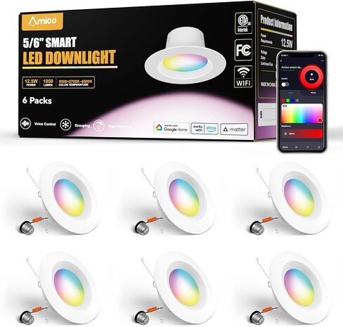 Amico 6 Pack 5/6 Inch Smart WiFi LED Recessed Can Lights, RGBCW Color Changing Retrofit Recessed Lighting, Baffle Trim, APP Control, Dimmer Compatible, 12W=110W 1100LM, IC & ETL in Kuwait