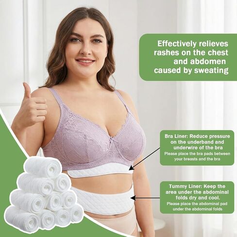 20 Pcs Tummy Liners and Bra Liners Set for Sweat Rash Cotton Under Belly Sweat Liner Under Belly Absorber Pads Band for Women Skin Rash White in Kuwait