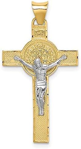Saris and Things 14k Gold Two-tone Solid St. Benedict Medal Crucifix Cross Charm Pendant in Kuwait