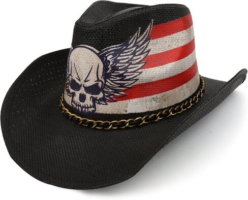 Armycrew US Flag Skull Wing Toyo Western Cowgirl Cowboy Hat with Metal Chain in Kuwait